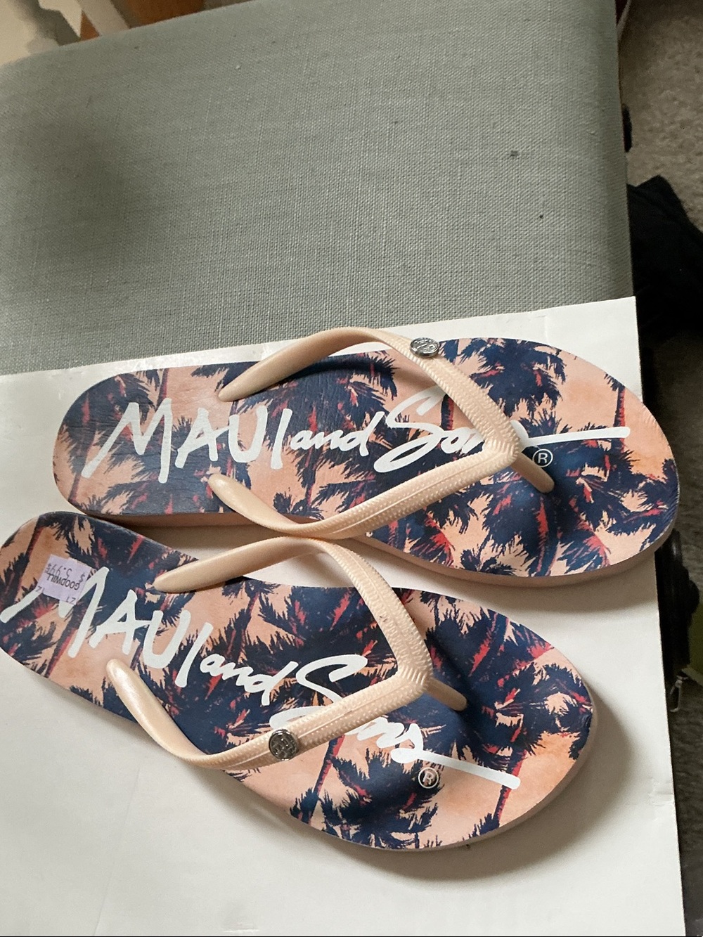Maui and Sons Palm Print Flip Flops - Peach & Navy
